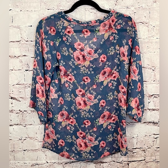 DECREE S/CH Floral Sheer Blouse Tie neck 3/4 Sleeve Flowy (D-16) - Picture 2 of 5